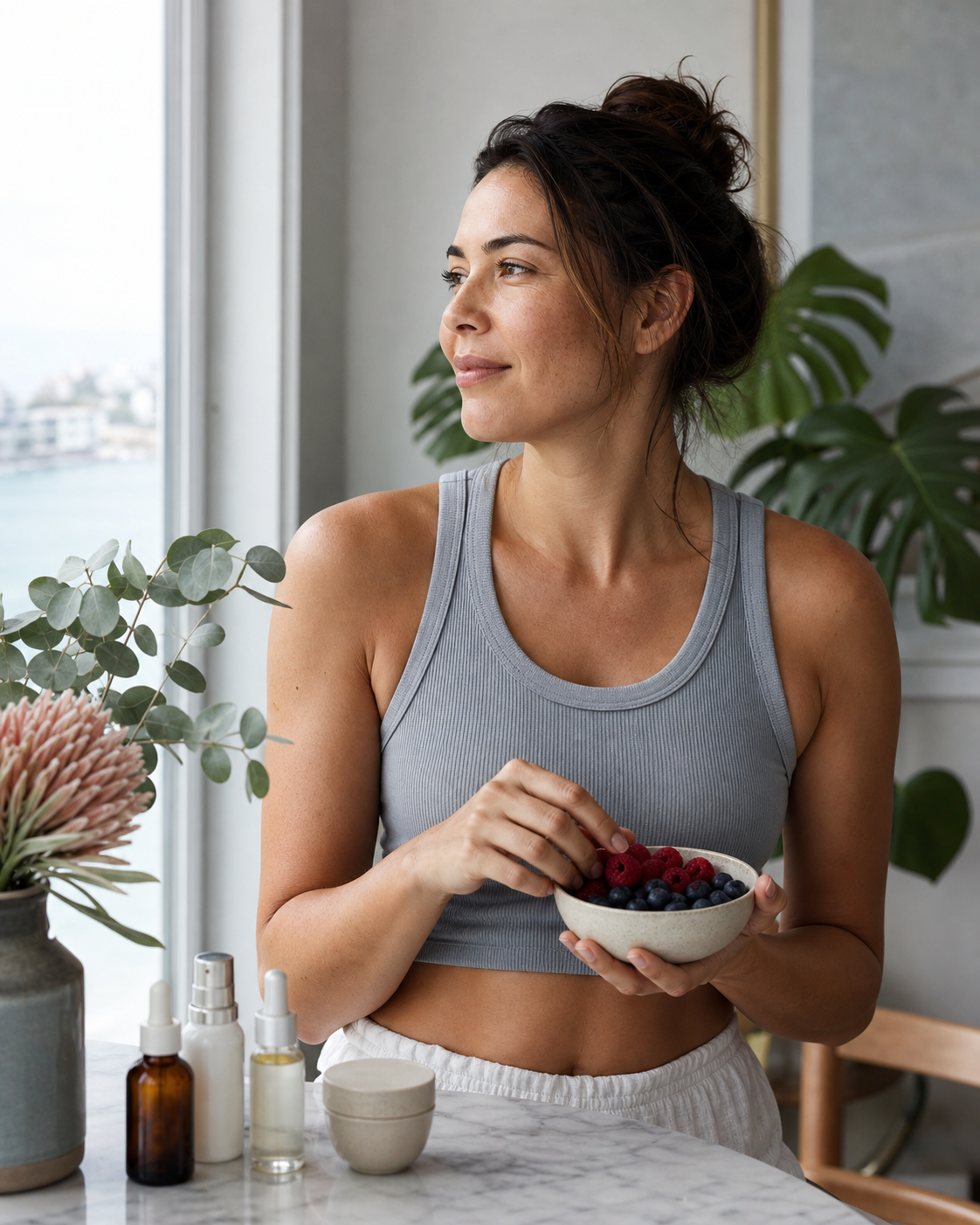 A woman enjoying berries as part of her morning skincare and wellness routine